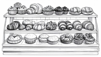 Detailed Sketch of Bakery Display Case Filled with Pastries.