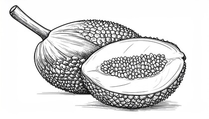 Detailed Sketch of Breadfruit - Whole and Halved with Seeds.