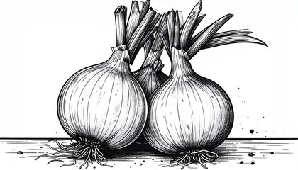 Detailed Sketch of Fresh Onions with Roots and Greens.