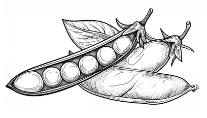 Detailed Sketch of Fresh Pea Pods with Leaf.