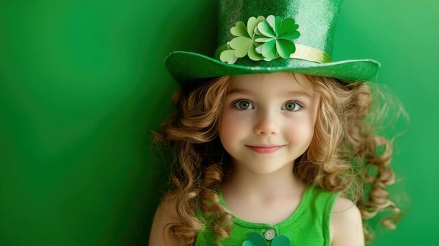A young girl dressed in a charming St. Patrick's Day costume, complete with a hat adorned with shamrocks and a matching green dress.