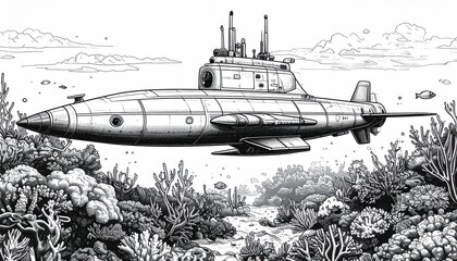 Detailed submarine illustration amidst vibrant coral reef ecosystem.