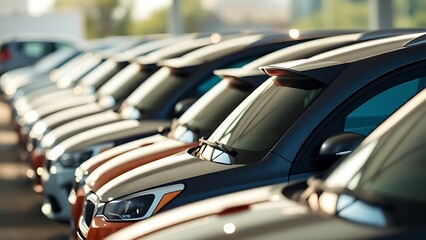 A lineup of cars for sale, viewed from the side on a clean automotive lot.