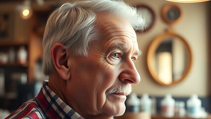 Close-up portrait of an elderly gentleman in a barbershop, featuring warm lighting and a vintage blurred background.