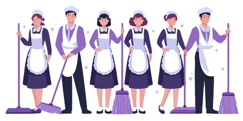 &Eacute;quipe de nettoyage professionnelle avec hommes et femmes en uniformes, tenant balais et serpill&egrave;res, pr&ecirc;te &agrave; l'action sur fond transparent.