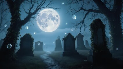 Spooky graveyard scene with full moon and tombstones at night.