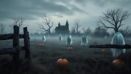 Spooky Halloween graveyard with ghosts and pumpkins under a foggy sky.