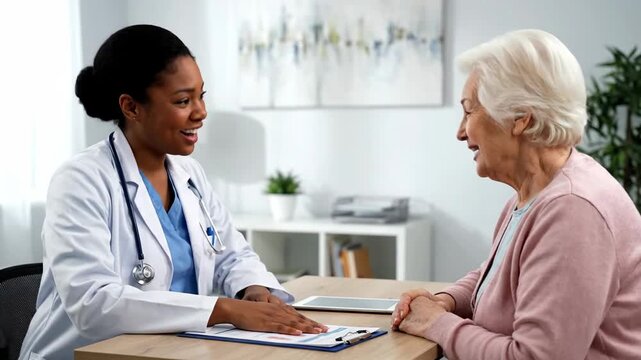 Smiling female doctor consults with senior patient, discussing health results in a modern clinic