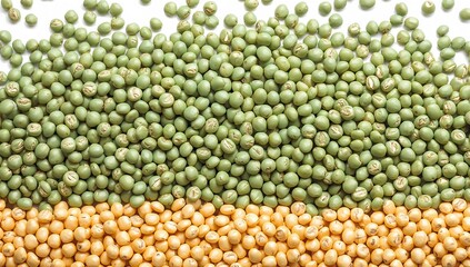 A vibrant split of fresh green peas and golden soybeans creates a visually appealing food background