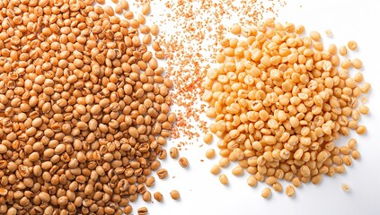 Two piles of roasted soybeans, one darker brown and one lighter tan, with some crushed bits between them