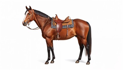 Majestic bay horse with Western saddle stands patiently on a clean white background