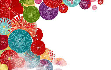 Composition d&eacute;corative et festive de cercles color&eacute;s aux motifs abstraits, cr&eacute;ant une bordure vive et lumineuse sur fond blanc.