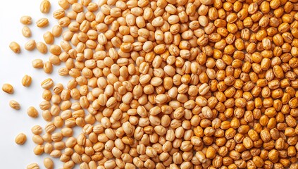 A pile of roasted chickpeas and raw chickpeas scattered on a white background