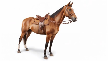 A beautiful brown horse with a western saddle and bridle stands ready for riding