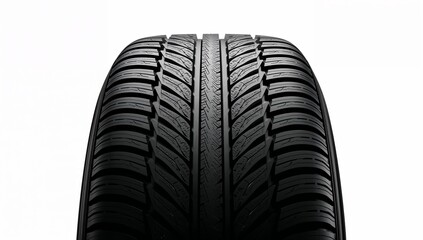 Close-up view of a new car tire tread pattern on a white background