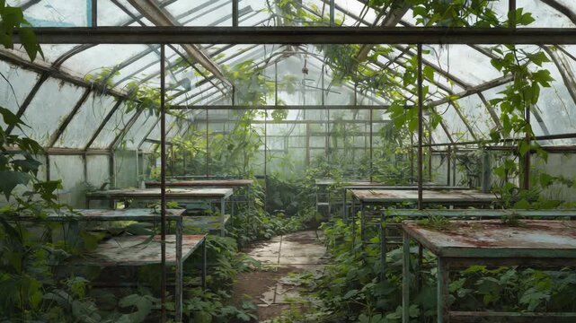The shows a dilapidated greenhouse structure filled with overgrown plants. The glass is broken, the metal frames are rusted, and nature has reclaimed the space.