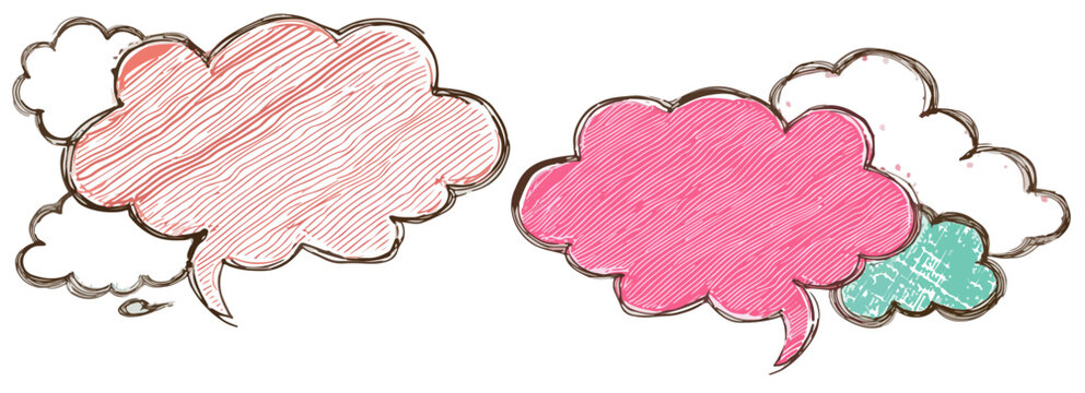 Bulles de dialogue color&eacute;es dessin&eacute;es &agrave; la main, style enfantin, avec des nuages environnants, parfaites pour la communication visuelle et les messages cr&eacute;atifs.