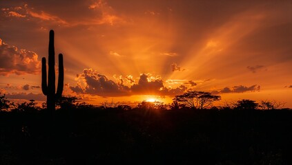 Dramatic desert sunset with silhouetted saguaro cactus and crepuscular rays