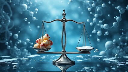 A symbolic scale balancing sugary treats against insulin molecules, with the tipping point creating fractal patterns in space.