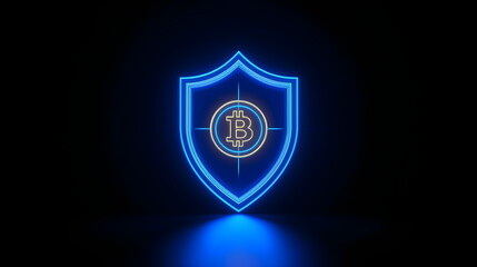 Neon glowing blue shield icon with golden bitcoin cryptocurrency logo