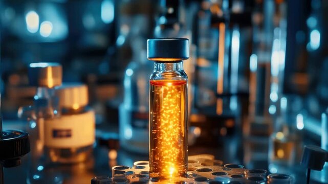 A scientific laboratory setting with illuminated yellow liquid inside a beaker