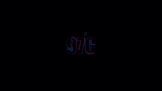 Neon 97&deg;C temperature display animation on black background, glowing weather degree indicator, climate and weather concept, clean scientific UI design, 4K video.