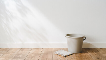 木目の床に置かれたベージュのバケツと掃除布