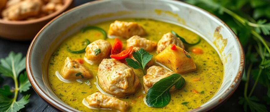 Aromatic Green Curry with chicken and vegetables, rich in coconut milk and spices, a beloved Thai classic,  street food,  coconut milk