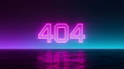 Neon 404 error text glitch effect on dark retro futuristic synthwave background