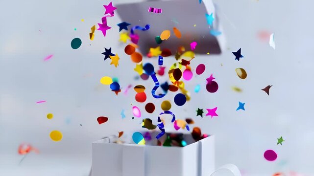 Vibrant confetti explodes from opened gift box in joyful celebration