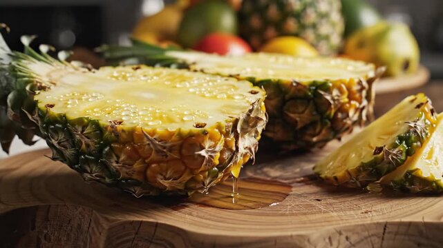 Sliced fresh pineapple on a rustic wooden surface with juiciness dripping and