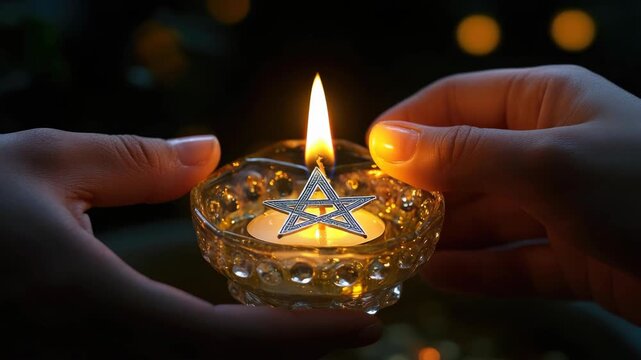 A warmly lit scene of two hands gently cradling a candle holder with a glowing star at its center.