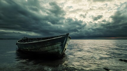 Fototapeta premium An old wooden boat sits beached on the shore, with stormy clouds overhead.