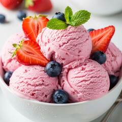 Delicious Strawberry Blueberry Ice Cream Sundae with Fresh Berries.