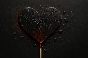 A visually striking depiction of a dark, shattered heart lollipop bleeding on a black surface