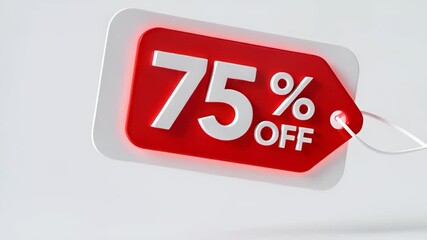 Dynamic 75 percent off discount tag flying across white background