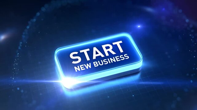 Glowing blue button with 'Start New Business' text on futuristic background