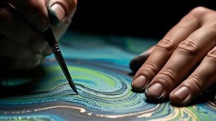 Artist's Hands Painting Abstract Swirls of Blue, Green, and Gold with a Brush