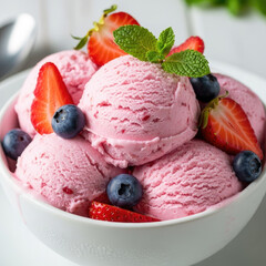 Delicious Strawberry Ice Cream Sundae with Fresh Berries and Mint.