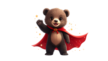 Adorable cartoon bear in a red cape, waving, with a smiling face and gold stars