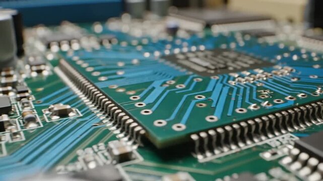 Intricate electronic circuit board detailing microchips and pathways, representing advanced technology and digital innovation