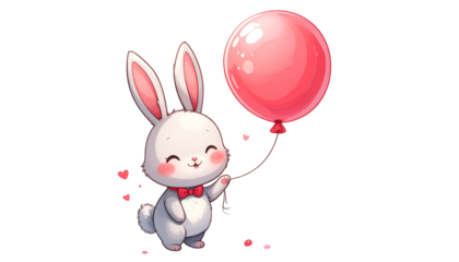 Cartoon bunny with pink bow tie & balloon, hearts float.  Clean white background