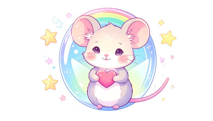 Adorable mouse holding heart, framed by rainbow bubble, stars, against black