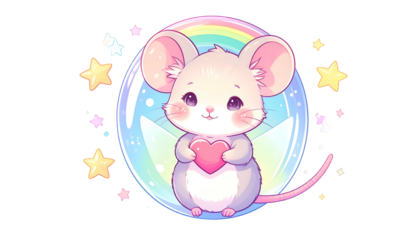 Adorable mouse holding heart, framed by rainbow bubble, stars, against black