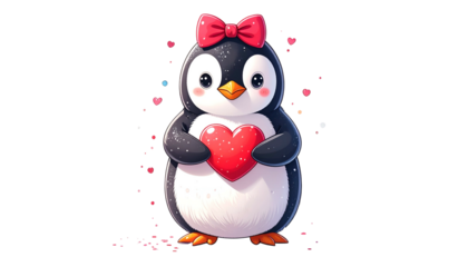 Adorable cartoon penguin with a pink bow, holding a heart, surrounded by heart confetti