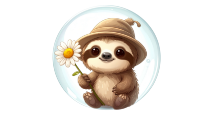 Adorable, cartoon sloth in a hat, holding a daisy, inside a bubbly circle