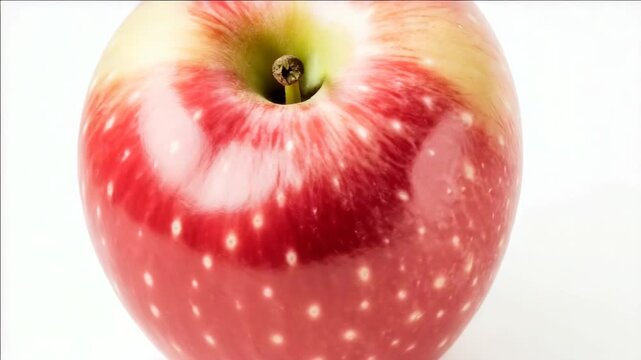 A single red apple with spots and light shining on it.