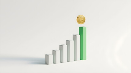 Financial growth bar chart with gold Bitcoin coin floating on top 3D illustration