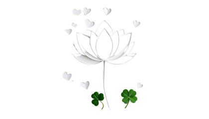 White lotus flower with heart confetti, plus lucky clover leaves, all against a dark background