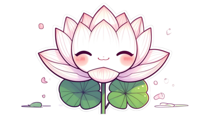 Adorable kawaii lotus flower with a smiling face, pink petals, green leaves, and black background